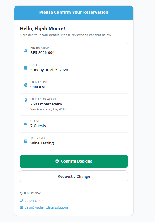 Guest management software reservation confirmation with client and booking info
